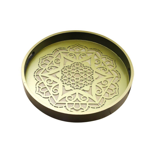 Deco Gold Engraved Pattern Base Wooden Round Serving Tray Set of 2 Pcs 30/35 cm