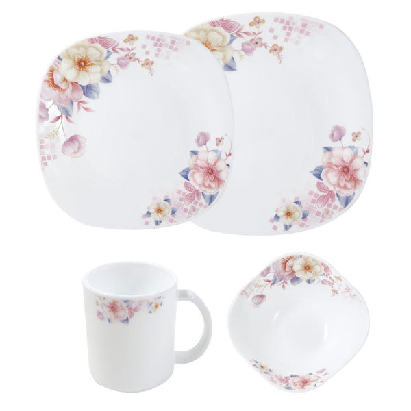 Royal Floral Pattern Opal Glass Dinnerware Set of 16 Pcs with Dinner Plate Bowls Serve ware