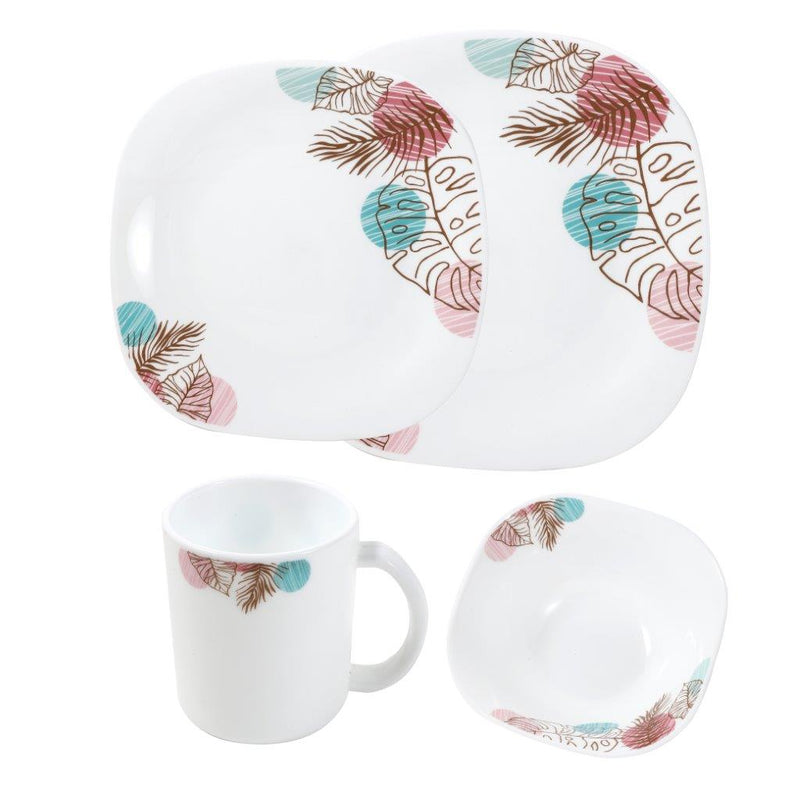 Royal Floral Pattern Opal Glass Dinnerware Set of 16 Pcs with Dinner Plate Bowls Serve ware