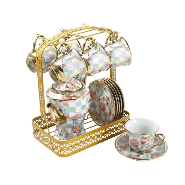 Ceramic Floral Print Tea Cup and Saucer Set of 13 Pcs with Teapot and Stand Pot 23*25 cm/Cup 5*9 cm