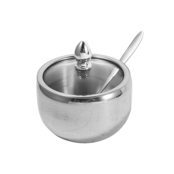 Stainless Steel Sugar Pot with Clear Lid Sugar Bowl with Spoon 9 cm