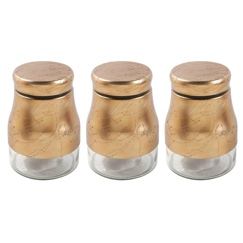 Gold Abstract Pattern Glass Base Canister Tea Sugar Coffee Set of 3 Pcs 9*15.5 cm