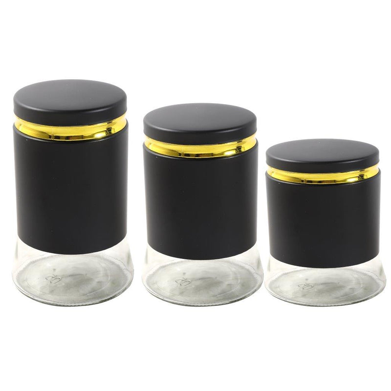 Black Gold Mix Glass Base Canister Tea Sugar Coffee Set of 3 Pcs 10*13/10*18/10*23 cm