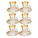 Deco Engraved Gold Abstract Design Istikana Glass Tea Cup and Saucer Set of 6 Pcs 11 cm/70 ml