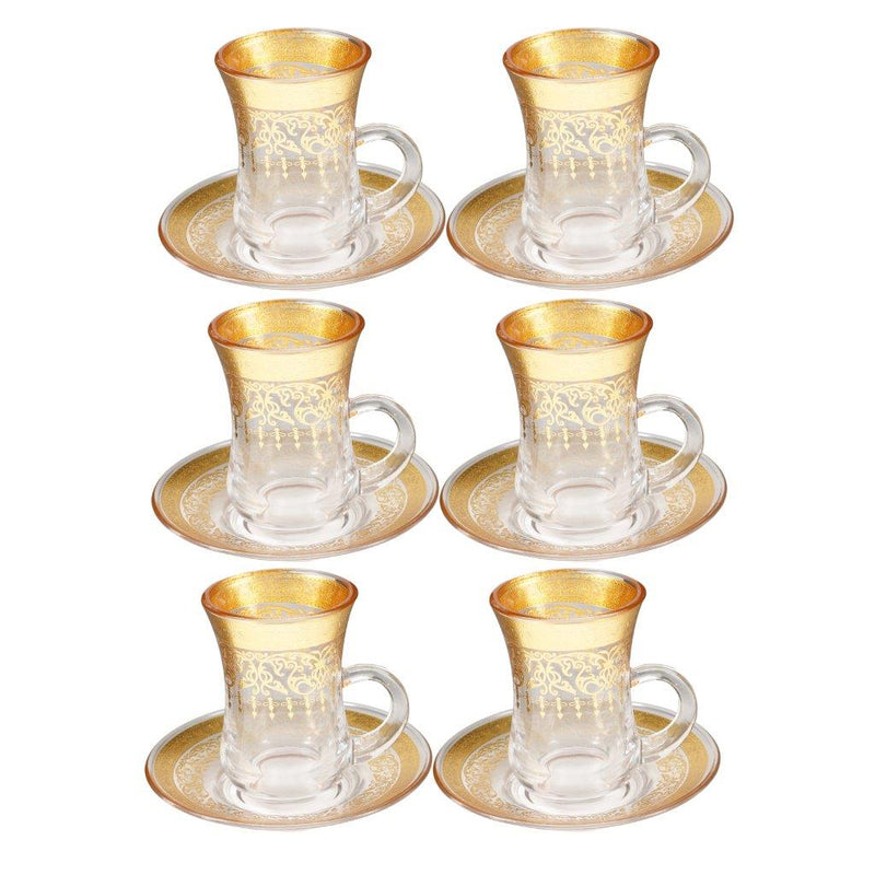 Deco Engraved Gold Abstract Design Istikana Glass Tea Cup and Saucer Set of 6 Pcs 11 cm/70 ml