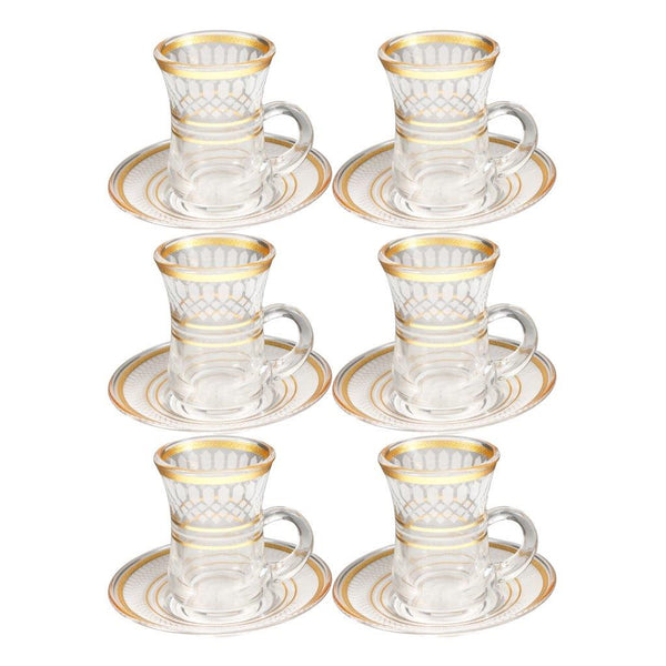 Deco Engraved Gold Abstract Design Istikana Glass Tea Cup and Saucer Set of 6 Pcs 11 cm/70 ml