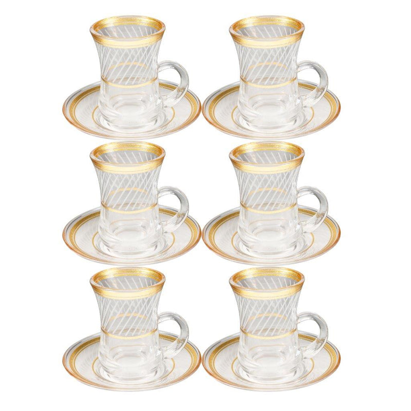 Deco Engraved Gold Abstract Design Istikana Glass Tea Cup and Saucer Set of 6 Pcs 11 cm/70 ml