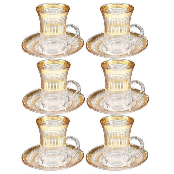 Deco Engraved Gold Abstract Design Istikana Glass Tea Cup and Saucer Set of 6 Pcs 11 cm/70 ml