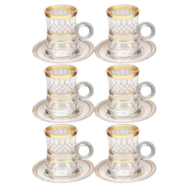 Deco Engraved Gold Abstract Design Istikana Glass Tea Cup and Saucer Set of 6 Pcs 11 cm/120 ml