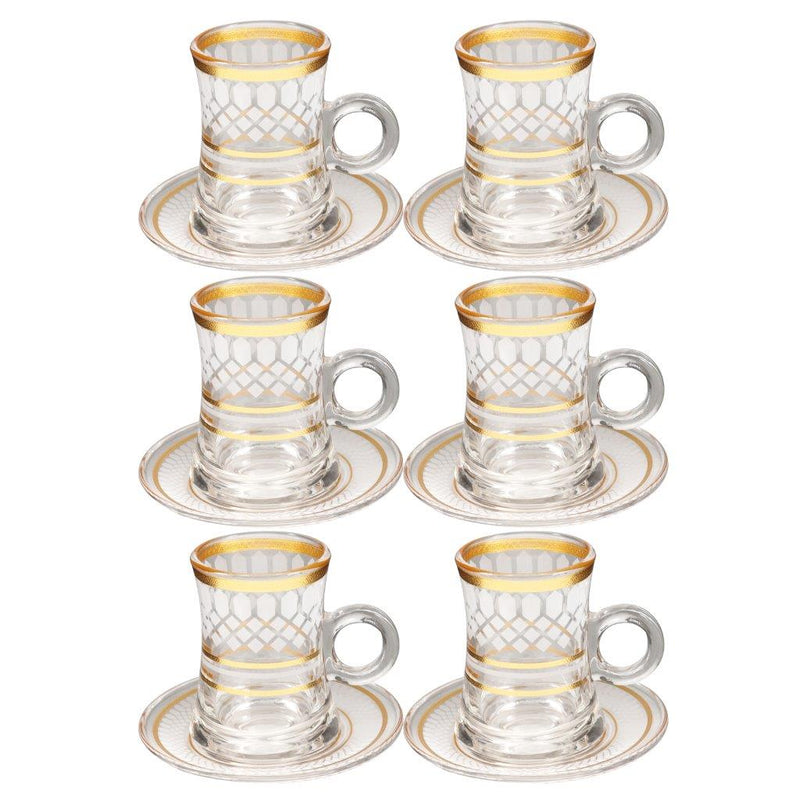 Deco Engraved Gold Abstract Design Istikana Glass Tea Cup and Saucer Set of 6 Pcs 11 cm/120 ml