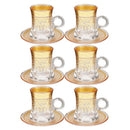 Deco Engraved Gold Abstract Design Istikana Glass Tea Cup and Saucer Set of 6 Pcs 11 cm/120 ml