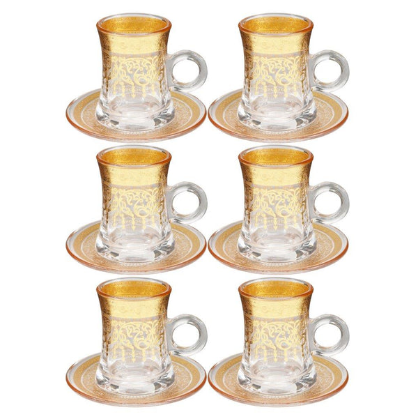 Deco Engraved Gold Abstract Design Istikana Glass Tea Cup and Saucer Set of 6 Pcs 11 cm/120 ml