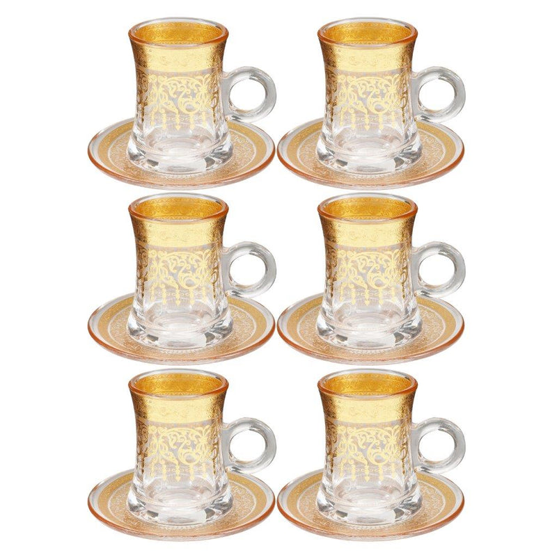 Deco Engraved Gold Abstract Design Istikana Glass Tea Cup and Saucer Set of 6 Pcs 11 cm/120 ml