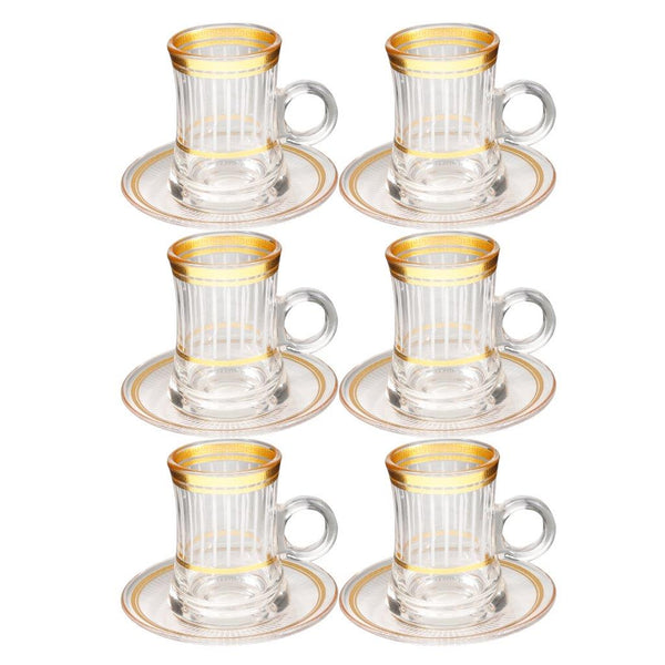 Deco Engraved Gold Abstract Design Istikana Glass Tea Cup and Saucer Set of 6 Pcs 11 cm/120 ml