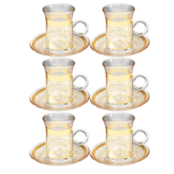 Deco Engraved Gold Abstract Design Istikana Glass Tea Cup and Saucer Set of 6 Pcs 11 cm/70 ml