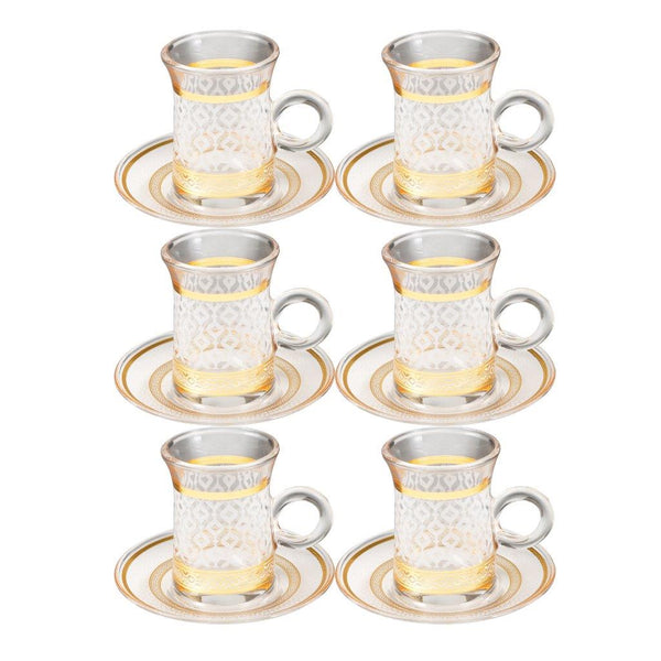 Deco Engraved Gold Abstract Design Istikana Glass Tea Cup and Saucer Set of 6 Pcs 11 cm/70 ml