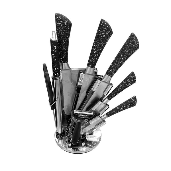 Bass Brand Premium Quality Stainless Steel Chef Kitchen Knife Set of 9 Pcs Black Handle