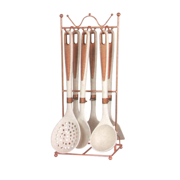High Quality Plastic Kitchen Cutlery Utensil Spoon Set of 6 Pcs with Chrome Stand 11*17*39 cm