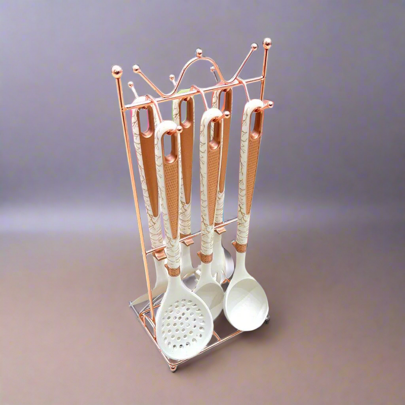 High Quality Plastic Kitchen Cutlery Utensil Spoon Set of 6 Pcs with Chrome Stand 11*17*39 cm