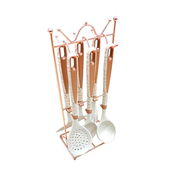 High Quality Plastic Kitchen Cutlery Utensil Spoon Set of 6 Pcs with Chrome Stand 11*17*39 cm