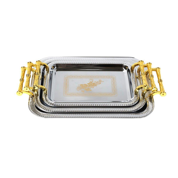 Deco Silver Metal Rectangle Serving Tray Set of 3 Pcs Crafted Handles 36*25.5/22.5*23/28*19 cm