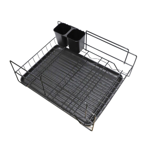 Kitchen Storage Black Metal Dish Rack 2 Tier Cutlery Storage Organizer with Water Drainer Tray 43*33*26 cm