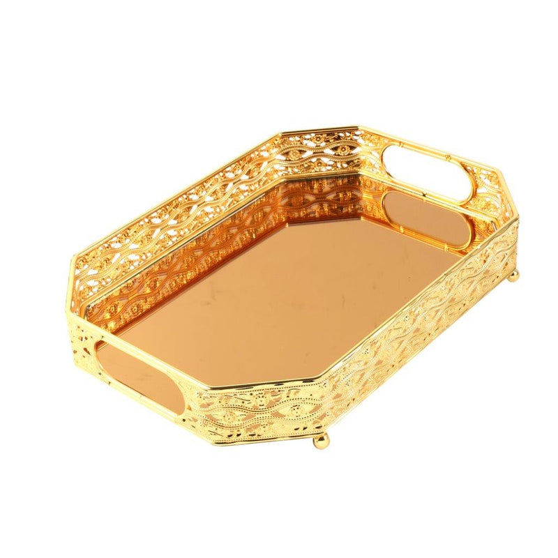 Gold Metal Glass Base Deco Rectangular Serving Tray Set of 2 Pcs