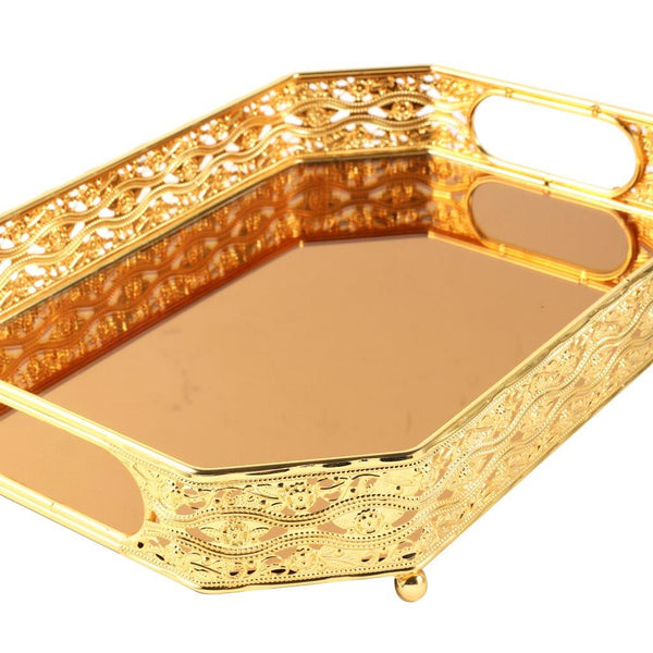 Gold Metal Glass Base Deco Rectangular Serving Tray Set of 2 Pcs