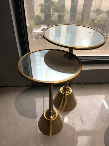 Round Glass Top Gold Metal Accent Sofa Side Table End Table Coffee Table Abstract Design Body Set of 2 Pcs