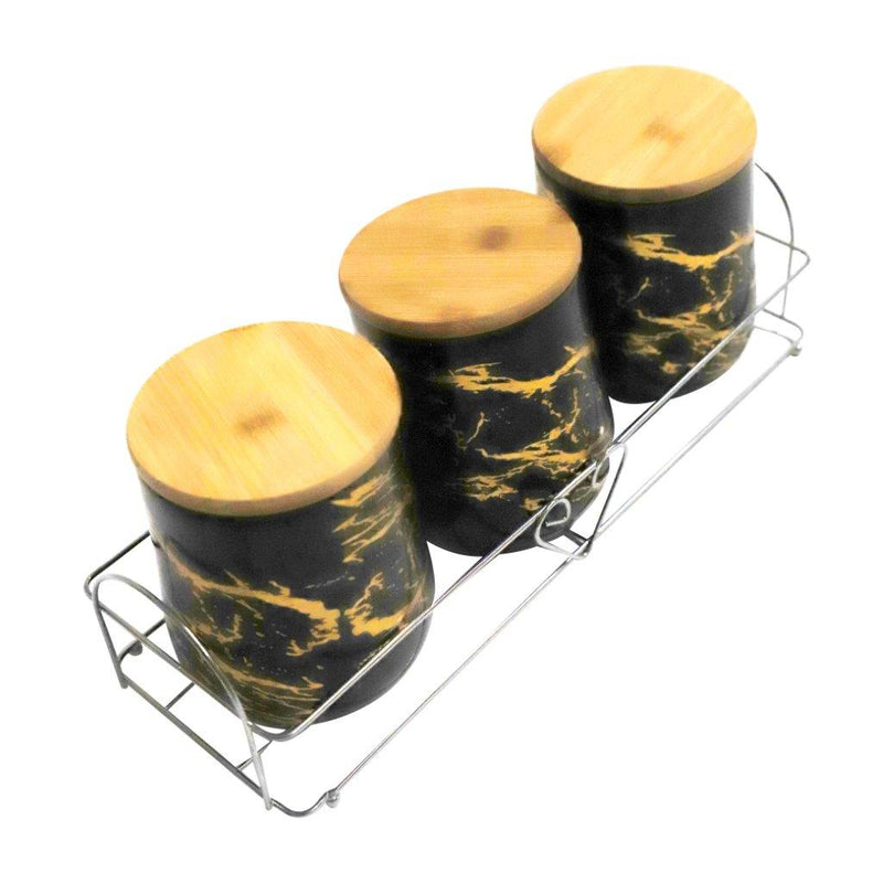 Abstract Print Ceramic Canister Set of 3 Pcs with Wooden Lid and Stand 650 ml/180 ml