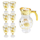 Gold Deco Water and Beverage Jug Decanter and Footed Tumblers Set of 7 Pcs