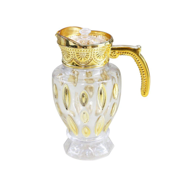 Gold Deco Water and Beverage Jug Decanter and Footed Tumblers Set of 7 Pcs