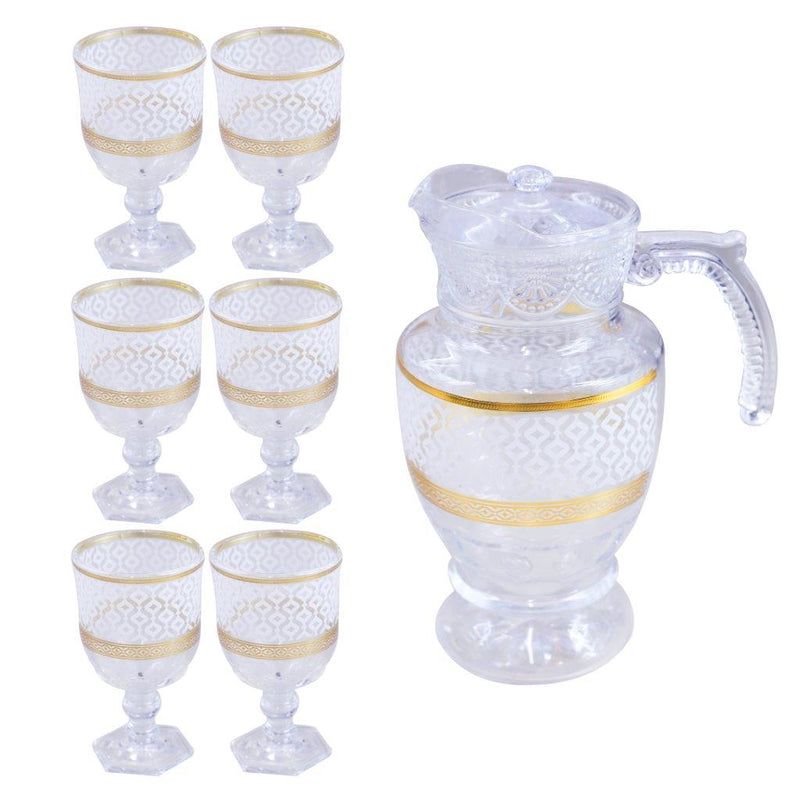 Gold Deco Water and Beverage Jug Decanter and Footed Tumblers Set of 7 Pcs