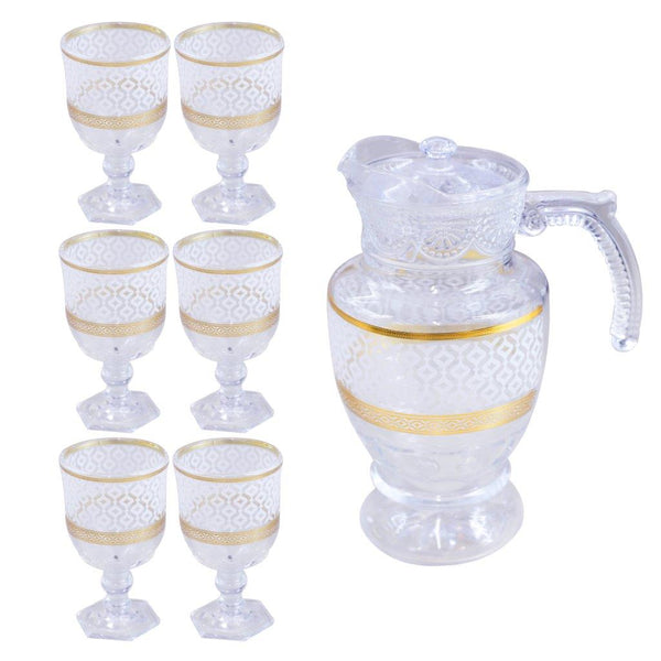 Gold Deco Water and Beverage Jug Decanter and Footed Tumblers Set of 7 Pcs