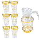 Gold Deco Water and Beverage Jug Decanter and Footed Tumblers Set of 7 Pcs