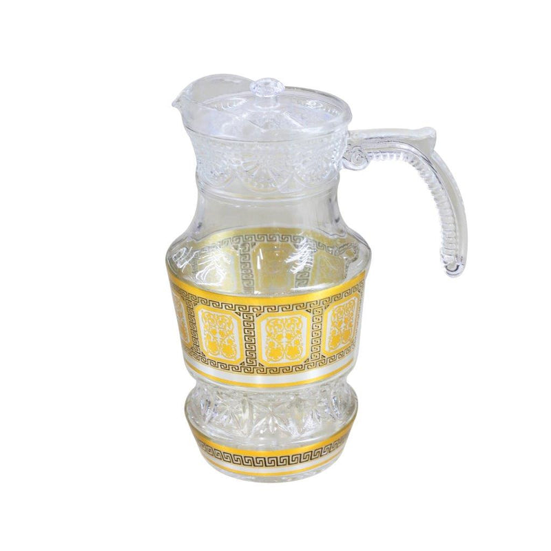 Gold Deco Water and Beverage Jug Decanter and Footed Tumblers Set of 7 Pcs