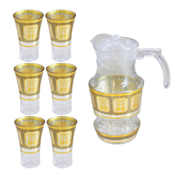 Gold Deco Water and Beverage Jug Decanter and Footed Tumblers Set of 7 Pcs