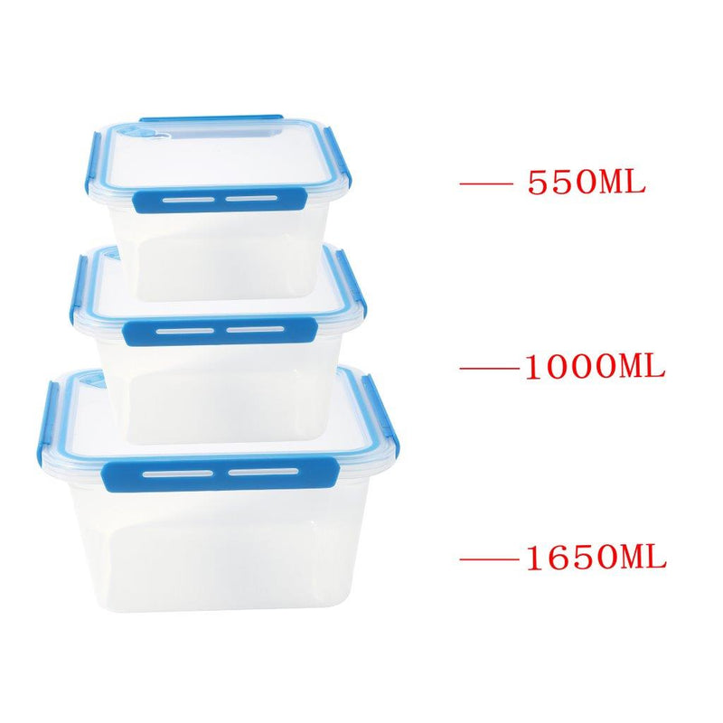 Multipurpose Clear Plastic Clip Lock Lunch Box  Storage Box Food Container Set of 3 Pcs 16x16x12.2cm 1650 ml/ 16x16x7.8cm 1000 ml/16x16x4.8cm 550 ml