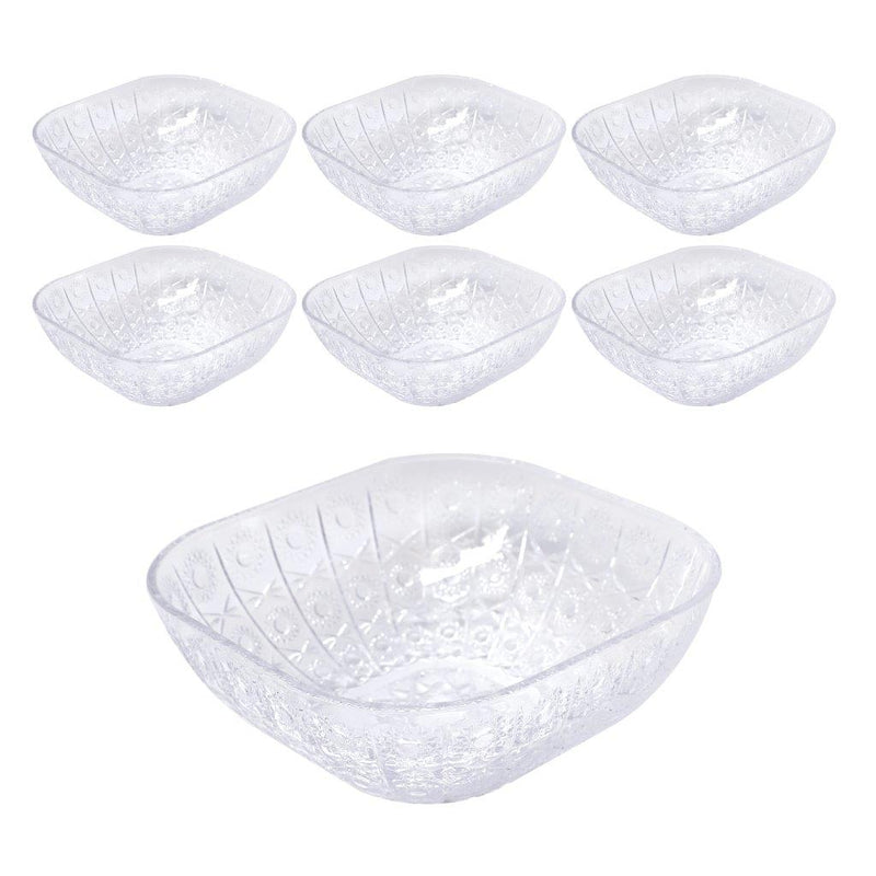 Clear Engraved Pattern Dish Bowl and Glass Serving Bowl Set of 7 Pcs 20*8cm 
10*5.5cm