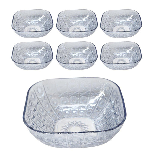 Sky Blue Engraved Pattern Dish Bowl and Glass Serving Bowl Set of 7 Pcs 20*8cm 
10*5.5cm