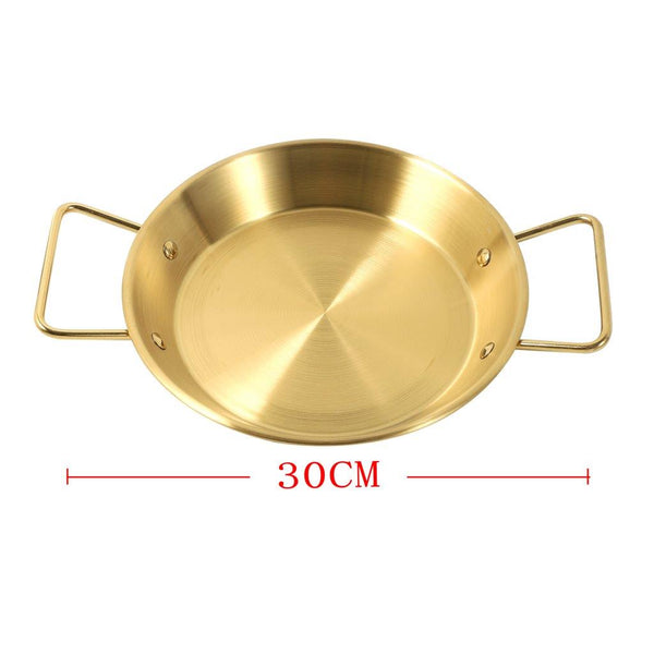 Gold Plated Stainless Steel Wok Pan Flat Karahi Paella Pan with Handles 30 cm