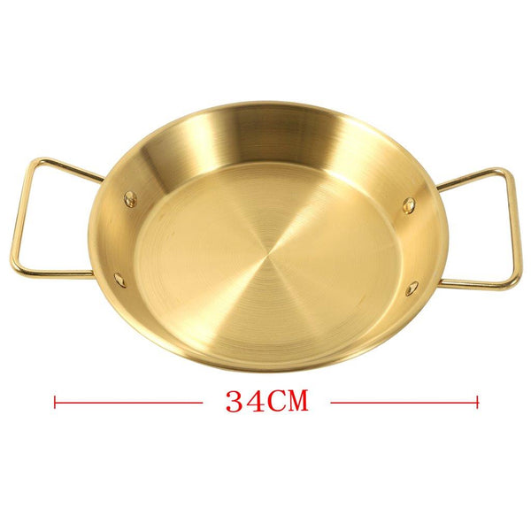 Gold Plated Stainless Steel Wok Pan Flat Karahi Paella Pan with Handles 34 cm