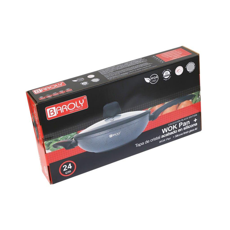 Black Granite Non Stick Marble Coated Die Cast Aluminium Wok with Lid  Induction Silicone Handle  24 cm