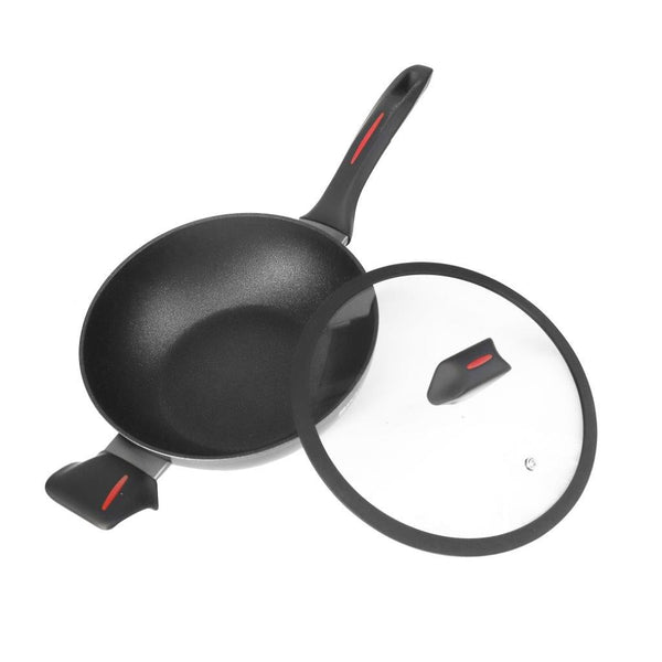 Black Granite Non Stick Marble Coated Die Cast Aluminium Wok with Lid  Induction Silicone Handle  24 cm