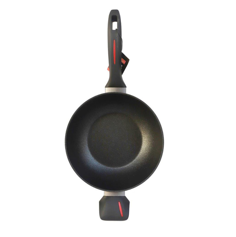 Black Granite Non Stick Marble Coated Die Cast Aluminium Wok with Lid  Induction Silicone Handle  24 cm