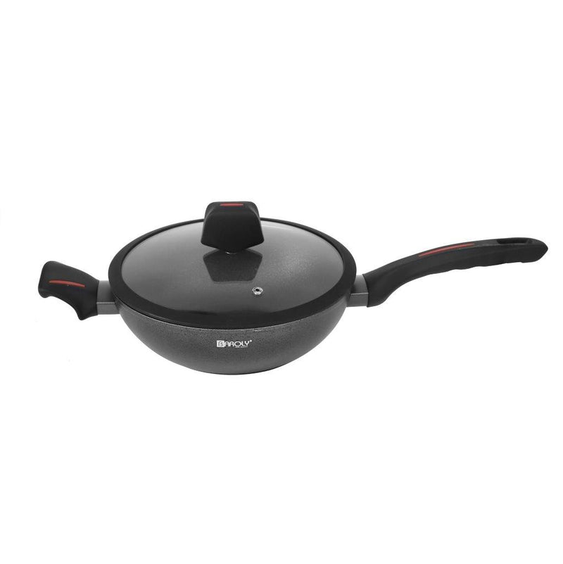 Black Granite Non Stick Marble Coated Die Cast Aluminium Wok with Lid  Induction Silicone Handle  24 cm