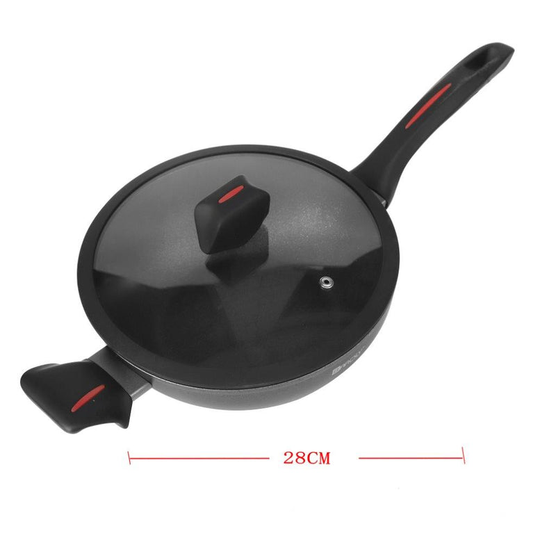 Black Granite Non Stick Marble Coated Die Cast Aluminium Wok with Lid  Induction Silicone Handle  28 cm