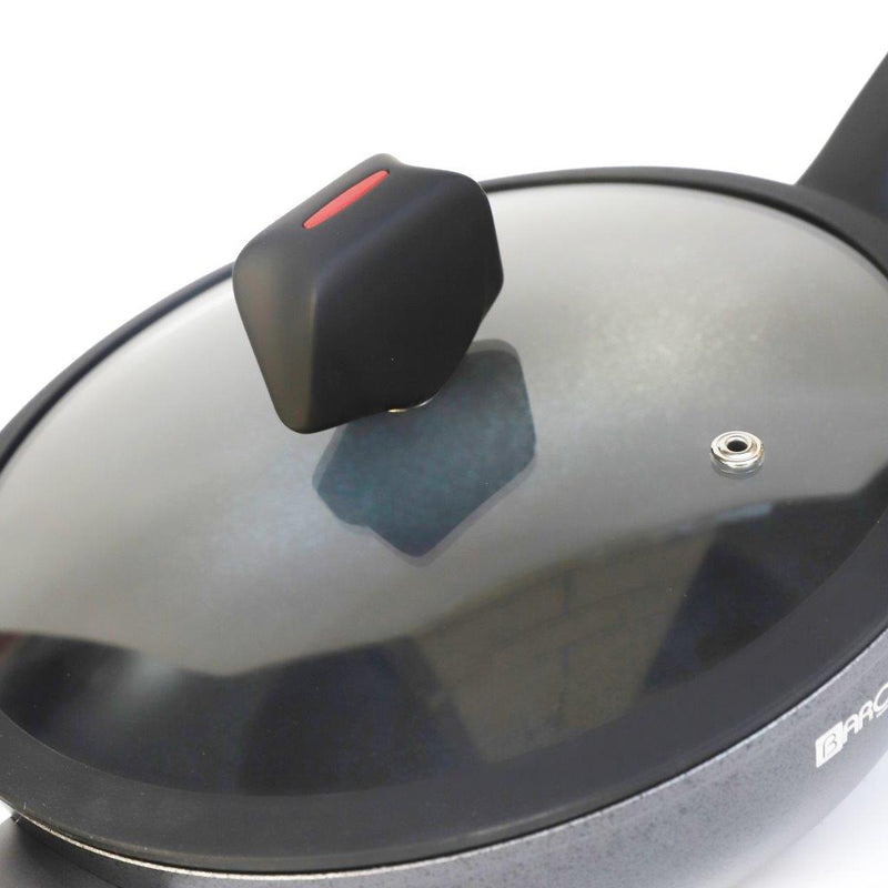 Black Granite Non Stick Marble Coated Die Cast Aluminium Wok with Lid  Induction Silicone Handle  28 cm