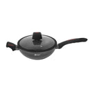 Black Granite Non Stick Marble Coated Die Cast Aluminium Wok with Lid  Induction Silicone Handle  28 cm