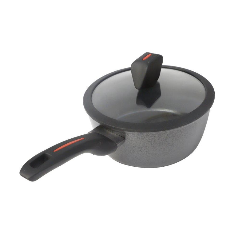 Black Granite Non Stick Marble Coated Die Cast Aluminium Saucepan with Lid  Induction Silicone Handle  20 cm